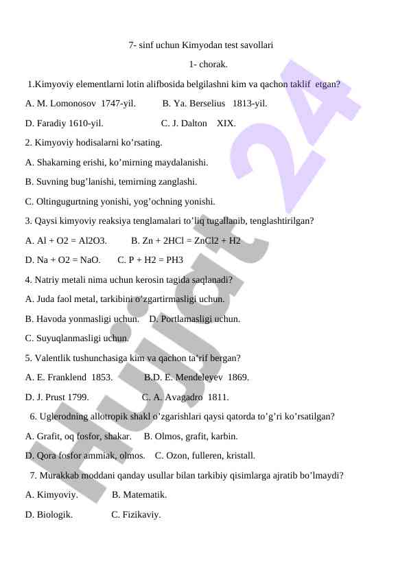 7-sinf kimyo test savollari 1-chorak