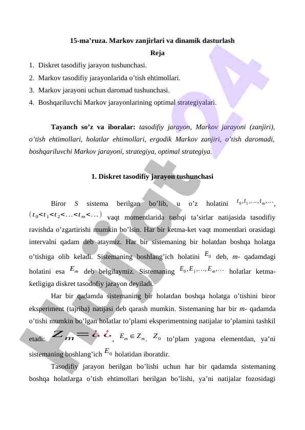Markov zanjirlari va dinamik dasturlash tushunchalari