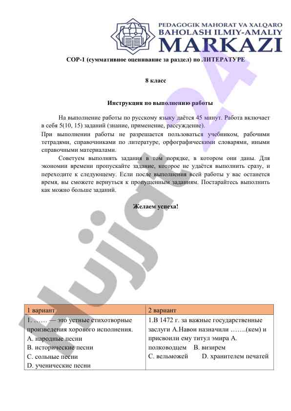 Сор-1 по литературе 8 класс инструкция и задания