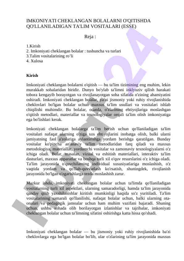 Imkoniyati cheklangan bolalarni o'qitish vositalari