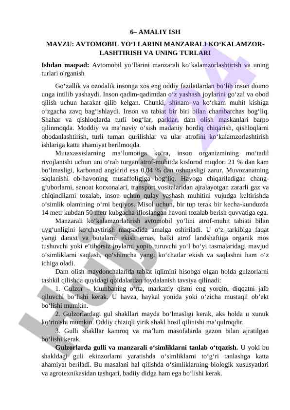 Avtomobil yo‘llarini manzarali ko‘kalamzorlashtirish