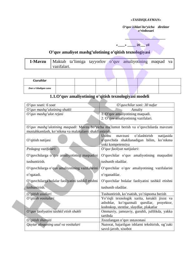 Maktab ta’limiga tayyorlov o‘quv amaliyoti