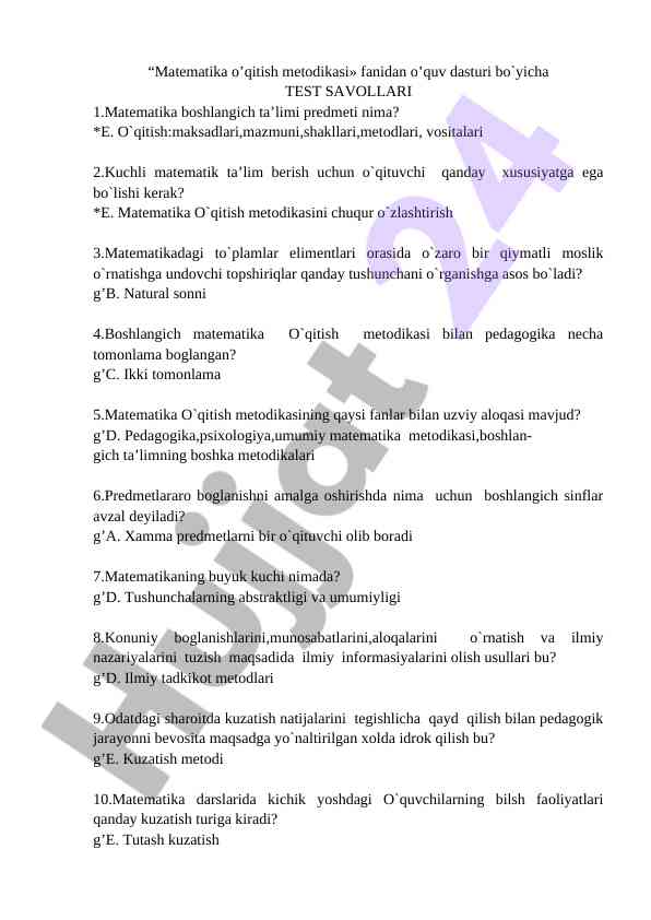 Matematika o‘qitish metodikasi test savollari