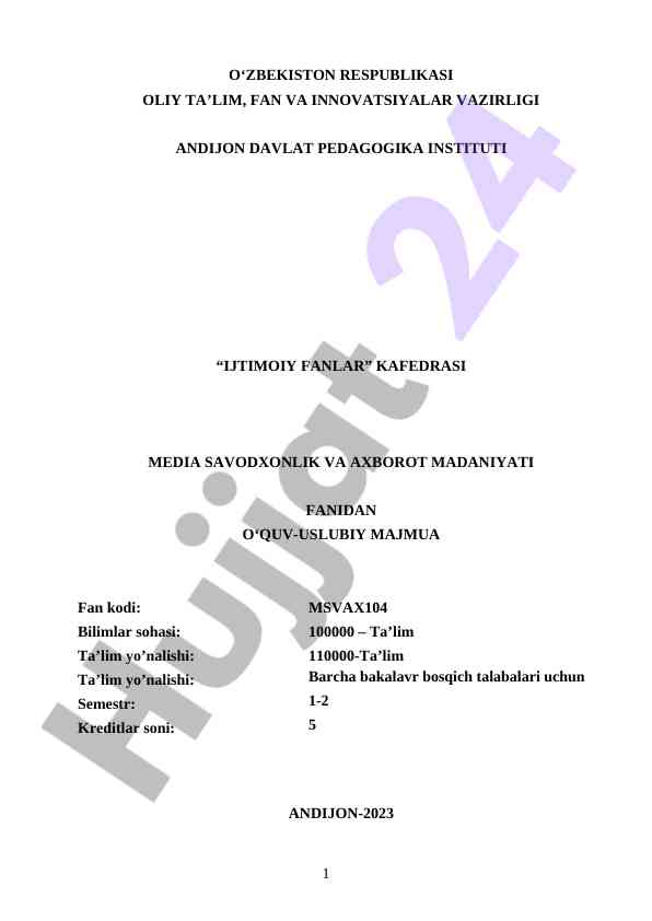 Media savodxonlik va axborot madaniyati o‘quv qo‘llanmasi