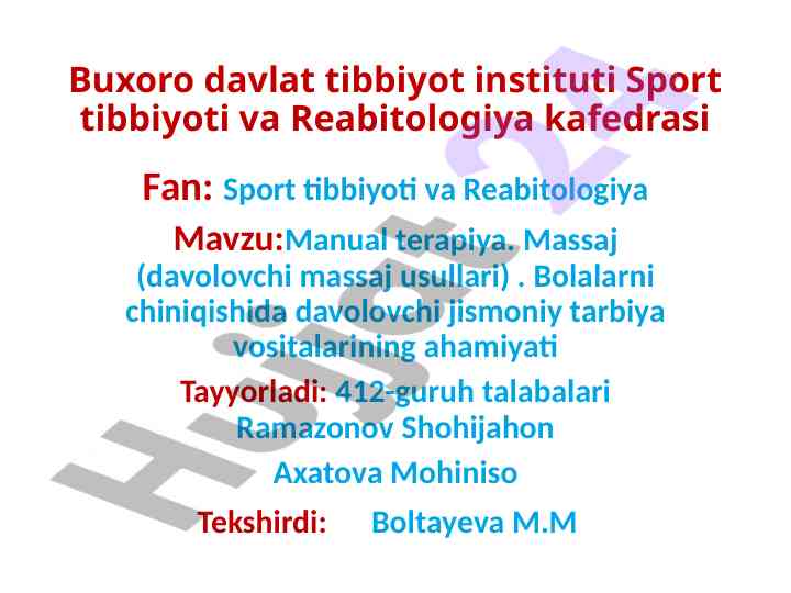 Manual terapiya va davolovchi massaj usullari