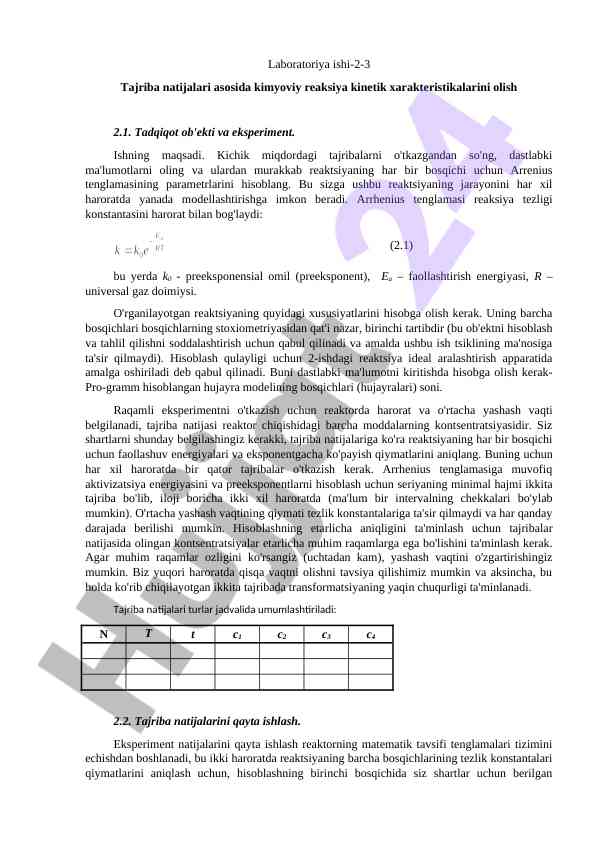 Kimyoviy reaksiya kinetik xarakteristikalarini olish