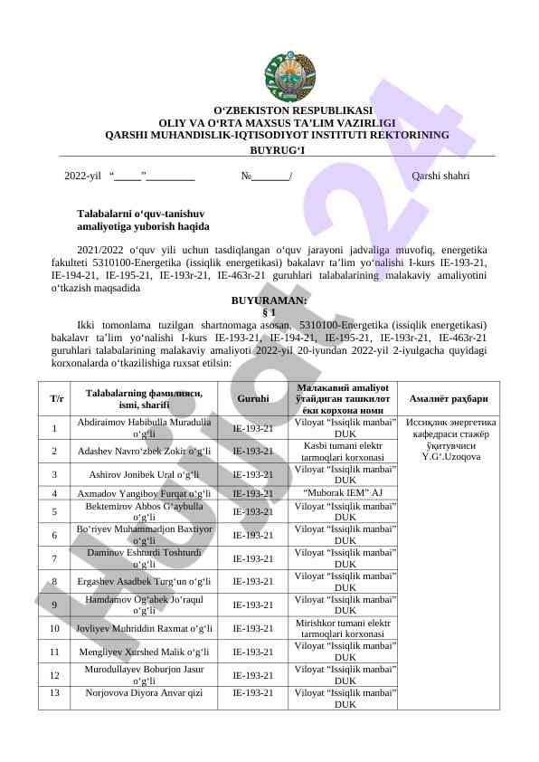 O‘quv jarayoni jadvali talabalarning malakaviy amaliyoti