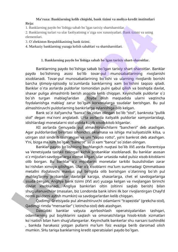 Banklarning kelib chiqishi va tizimi