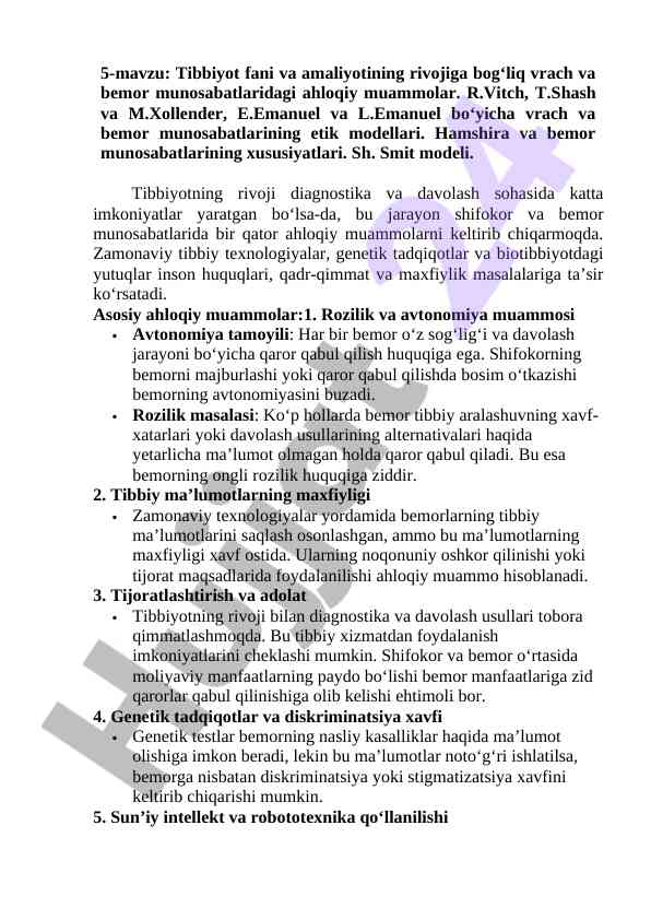 Tibbiyot fani va amaliyotidagi ahloqiy muammolar