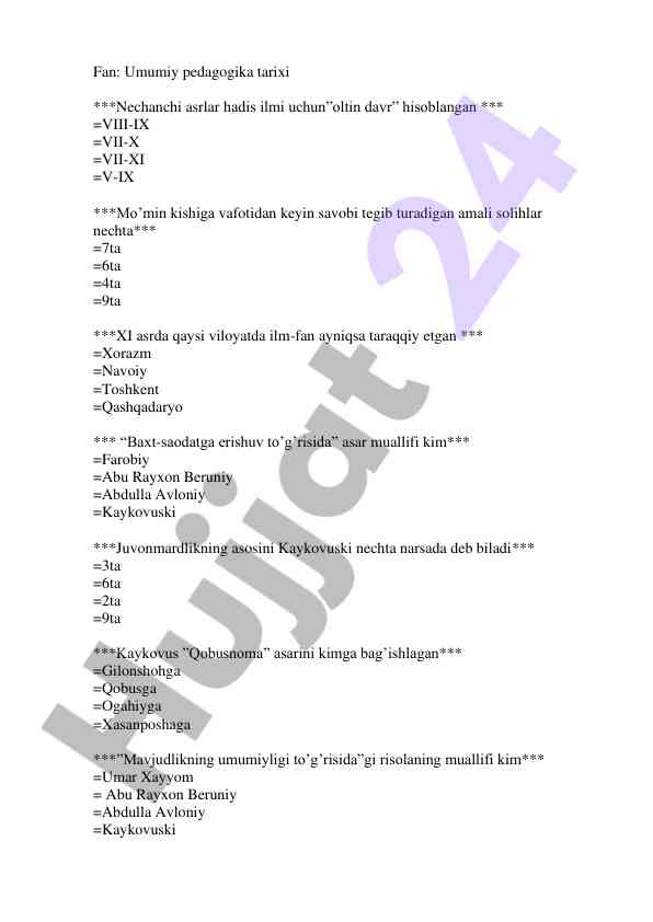 Umumiy pedagogika tarixi test savollari