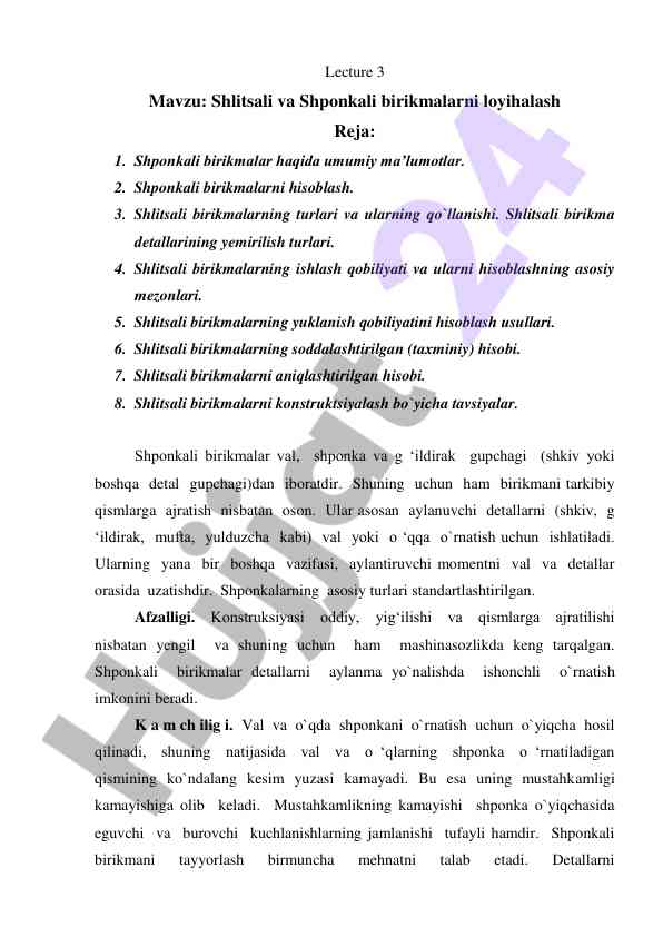 Shlitsali va shponkali birikmalarni loyihalash