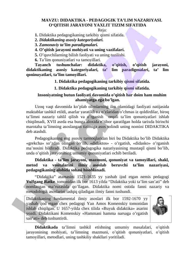 Didaktika - pedagogik ta’lim nazariyasi asoslari