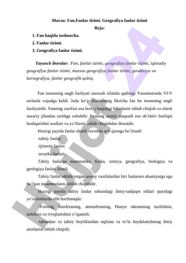 Geografiya fanlar tizimi haqida ma'lumotlar