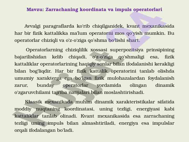 Zarrachaning koordinata va impuls operatorlari