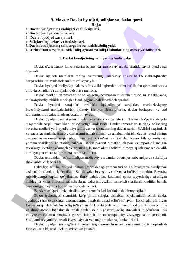 Davlat byudjeti va soliqlar asoslari