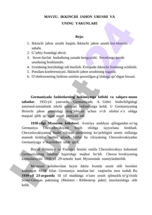 Ikkinchi jahon urushi yana tarixi va tahlili