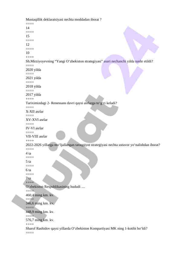 O‘zbekiston tarixi test savollari bilan
