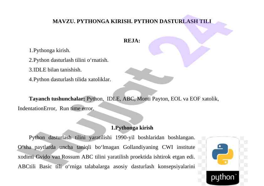 Pythonga kirish dasturlash tili o‘rganish