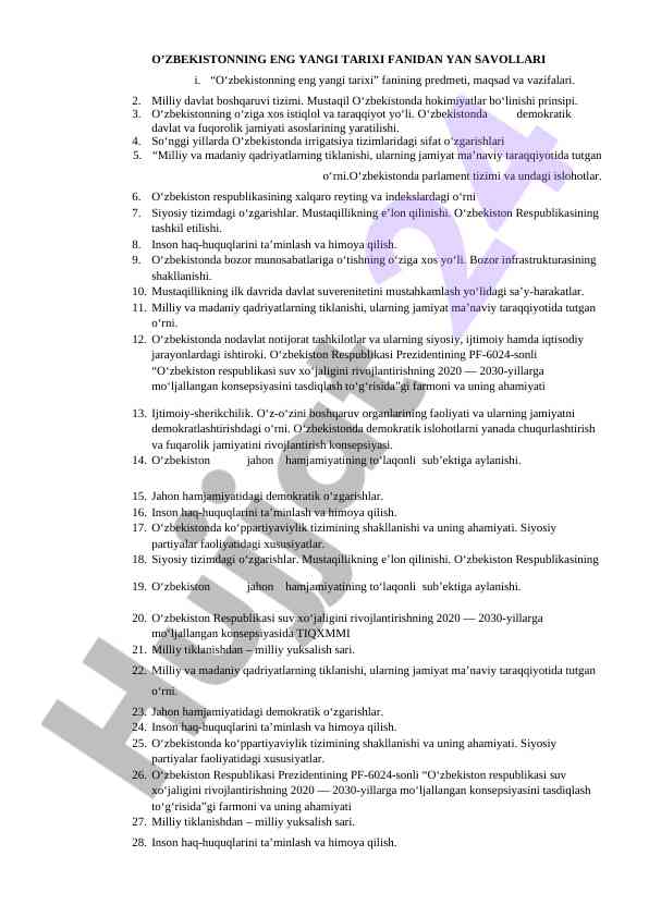 O‘zbekistonning eng yangi tarixi fanidan savollar