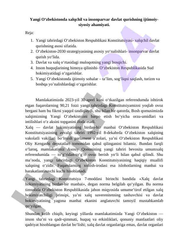 Yangi o‘zbekistonda xalqchil davlat qurish ahamiyati