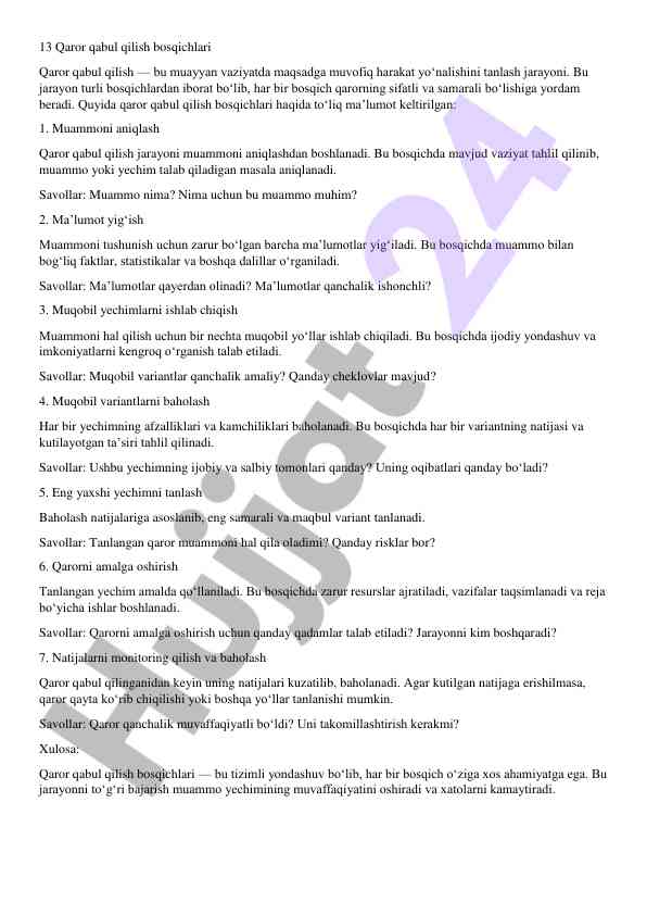 Qaror qabul qilish bosqichlari tahlili