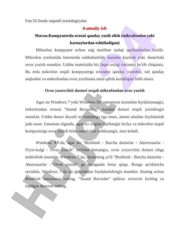 Kompyuterda ovozni yozib olish bo'yicha yo'riqnoma