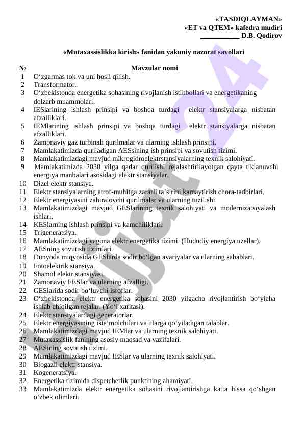 Mutaxassislikka kirish fanidan nazorat savollari