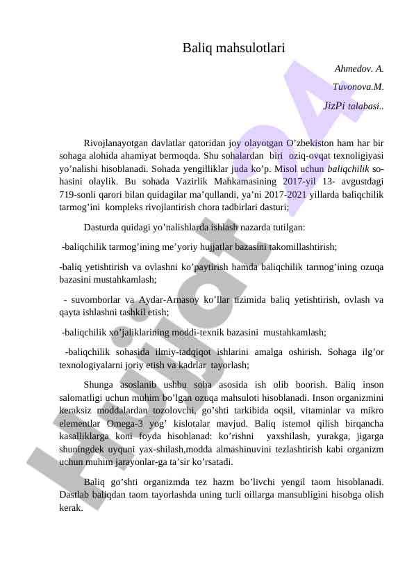Baliqchilik tarmog‘ini rivojlantirish strategiyalari