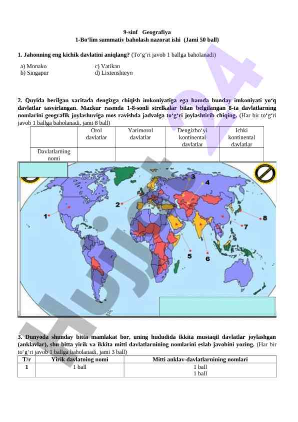 9-sinf geografiya bo‘lim nazorat ishlari