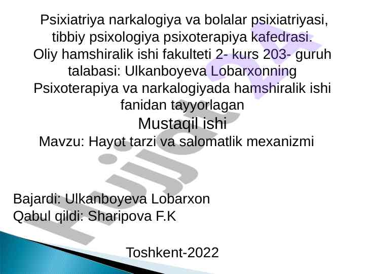 Hayot tarzi va salomatlik mexanizmi