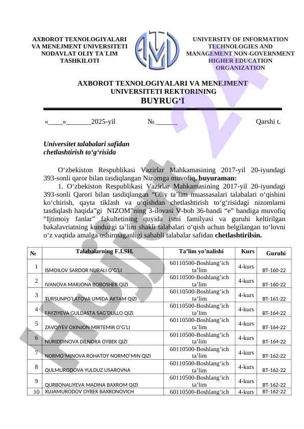 Talabalarning chetlashtirilishi haqida buyruq