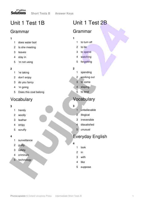 Intermediate short tests b answer keys