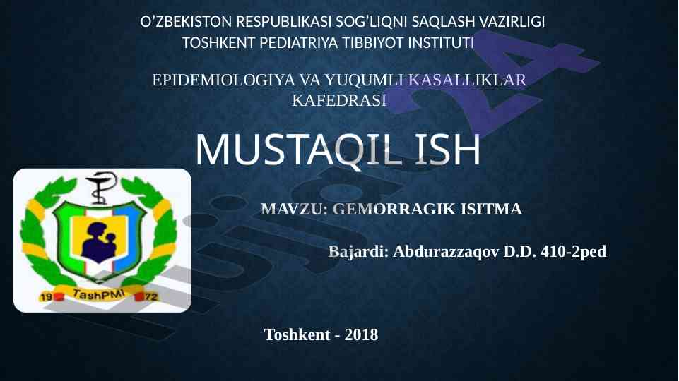 Epidemiologiya va yuqumli kasalliklar bo‘yicha tadqiqot