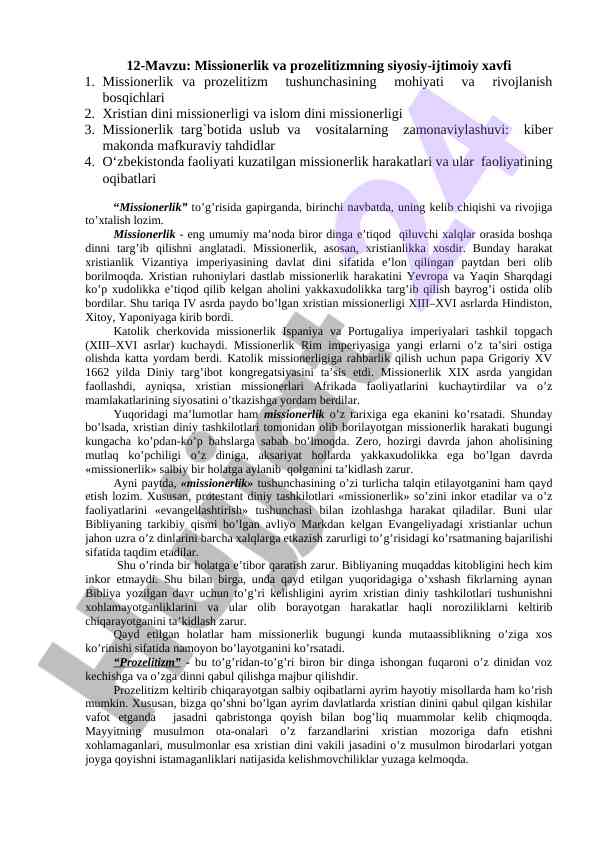 Missionerlik va prozelitizmning siyosiy-ijtimoiy xavfi