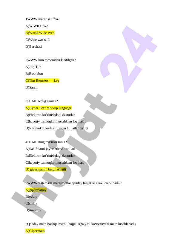 Www va html haqida savollar va javoblar