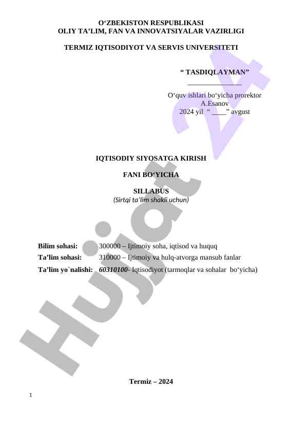 Iqtisodiy siyosatga kirish fani sillabusi