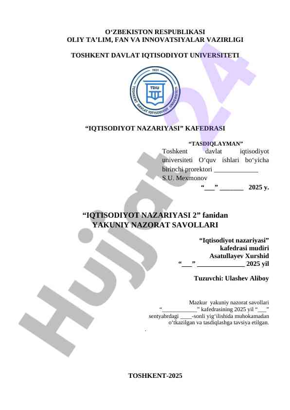 Iqtisodiyot nazariyasi 2 fanidan yakuniy nazorat savollari