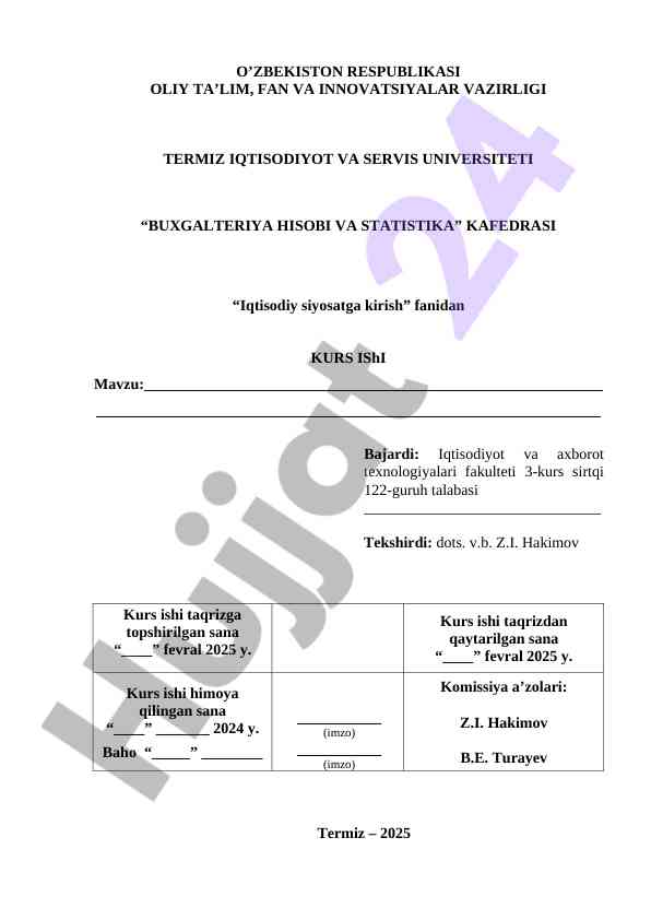 Iqtisodiy siyosatga kirish fanidan kurs ish