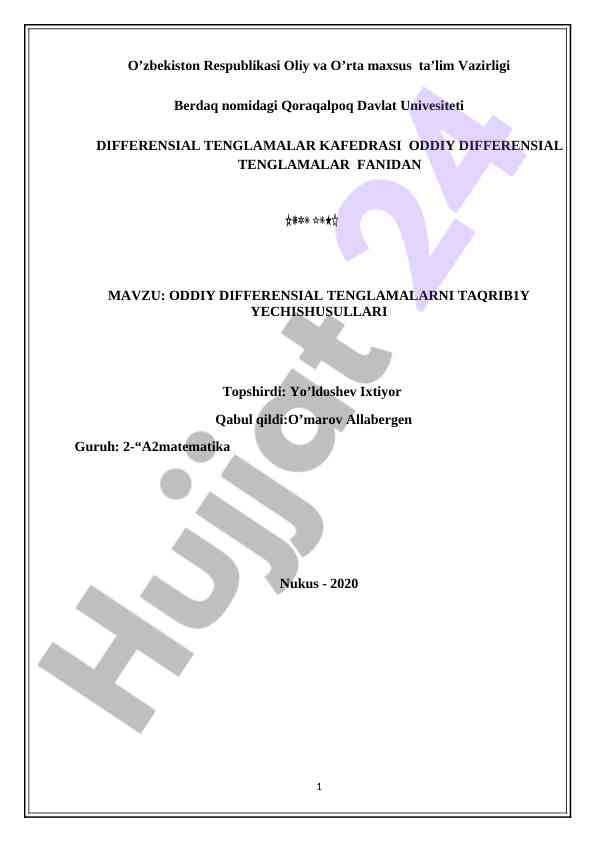 Oddiy differensial tenglamalarni taqribiy yechish usullari