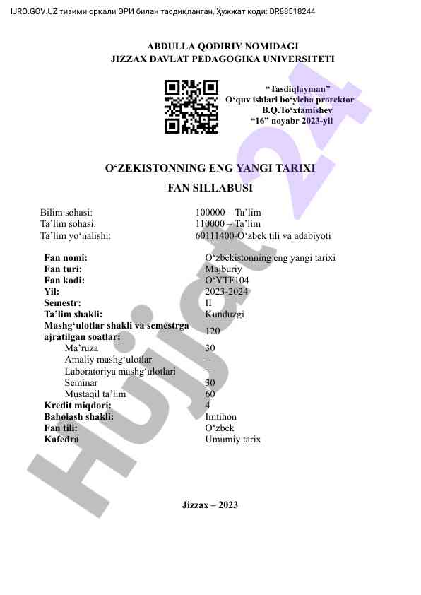 O‘zbekistonning eng yangi tarixi fan sillabusi