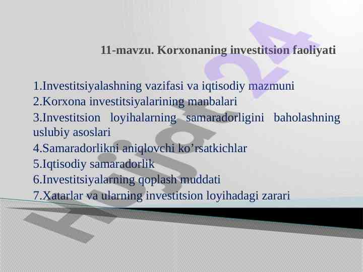 Korxonaning investitsion faoliyati va manbalari