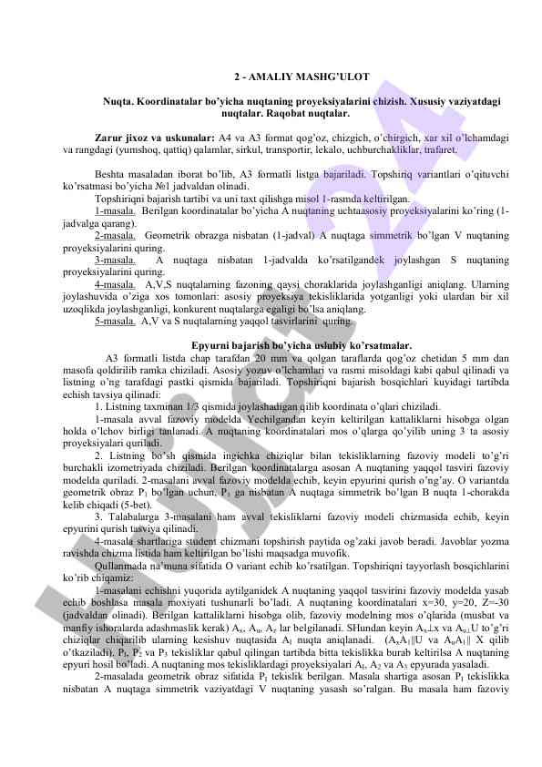 Amaliy mashg’ulot: nuqta koordinatalari proyeksiyalari