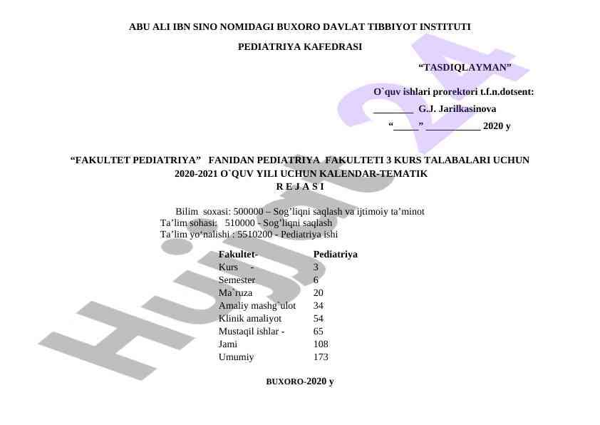 Pediatriya fakulteti uchun kalendar-tematik reja