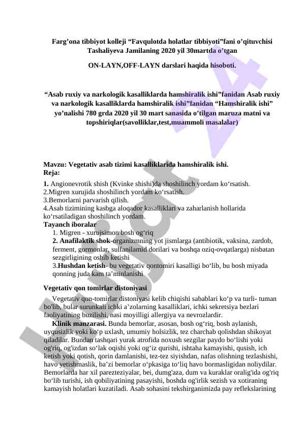 Asab ruxiy va narkologik kasalliklarda hamshiralik isishi