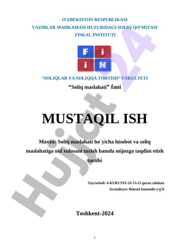 Soliq maslahati bo'yicha hisobot va xulosa taqdimoti