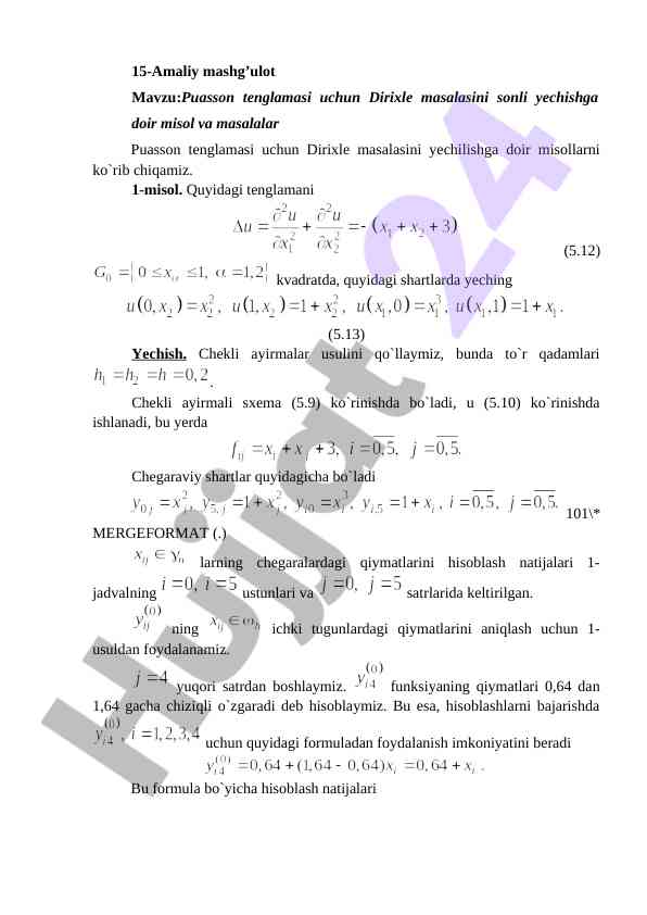 Puasson tenglamasi uchun dirixle masalasining yechilishi