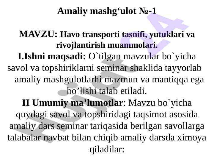 Havo transporti tasnifi va rivojlantirish muammolari