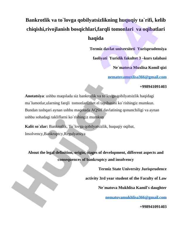 Bankrotlik va to`lovga qobilyatsizlik bo`yicha tadqiqot