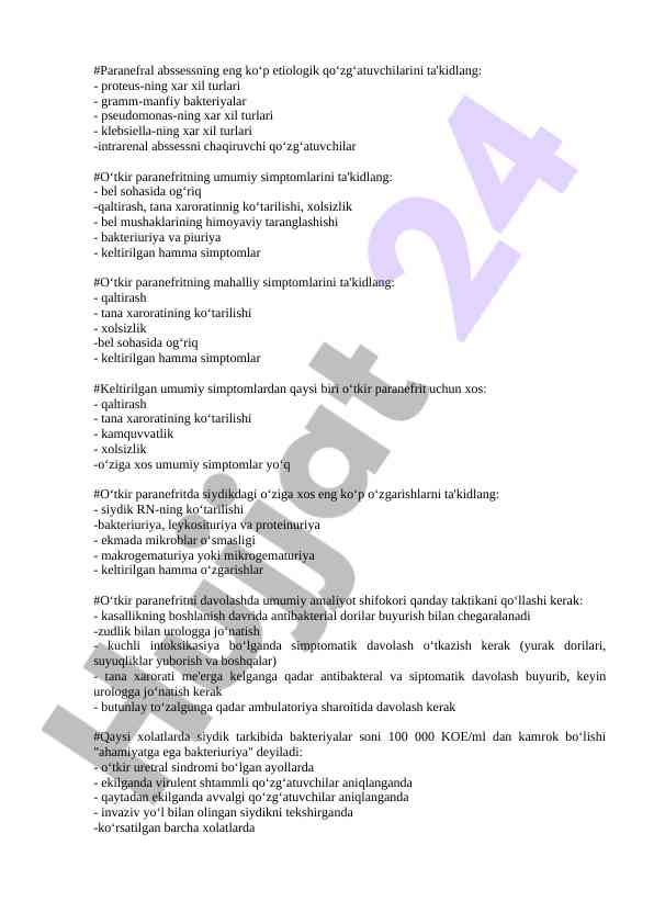 Paranefral abssess va o‘tkir paranefrit simptomlari