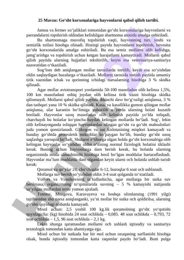 Go‘sht korxonalariga hayvonlarni qabul qilish tartibi